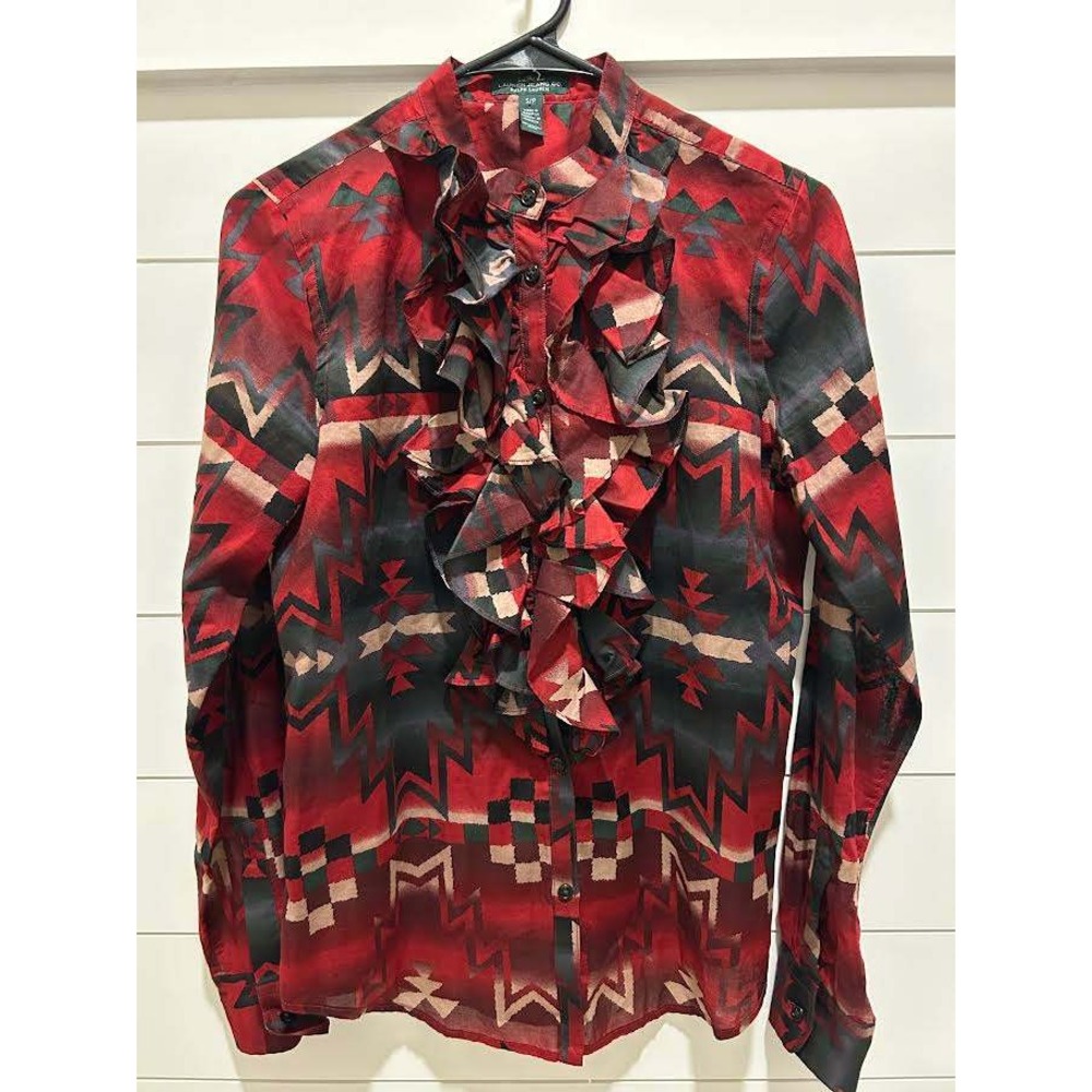 Lauren Ralph Lauren Southwestern Ruffle Blouse Red‎ Black Geometric Print Small